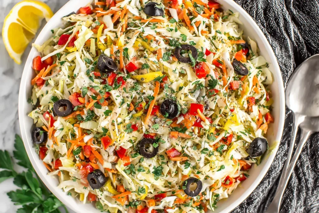 Mediterranean Coleslaw with lemon vinaigrette, olives, feta, and fresh vegetables
