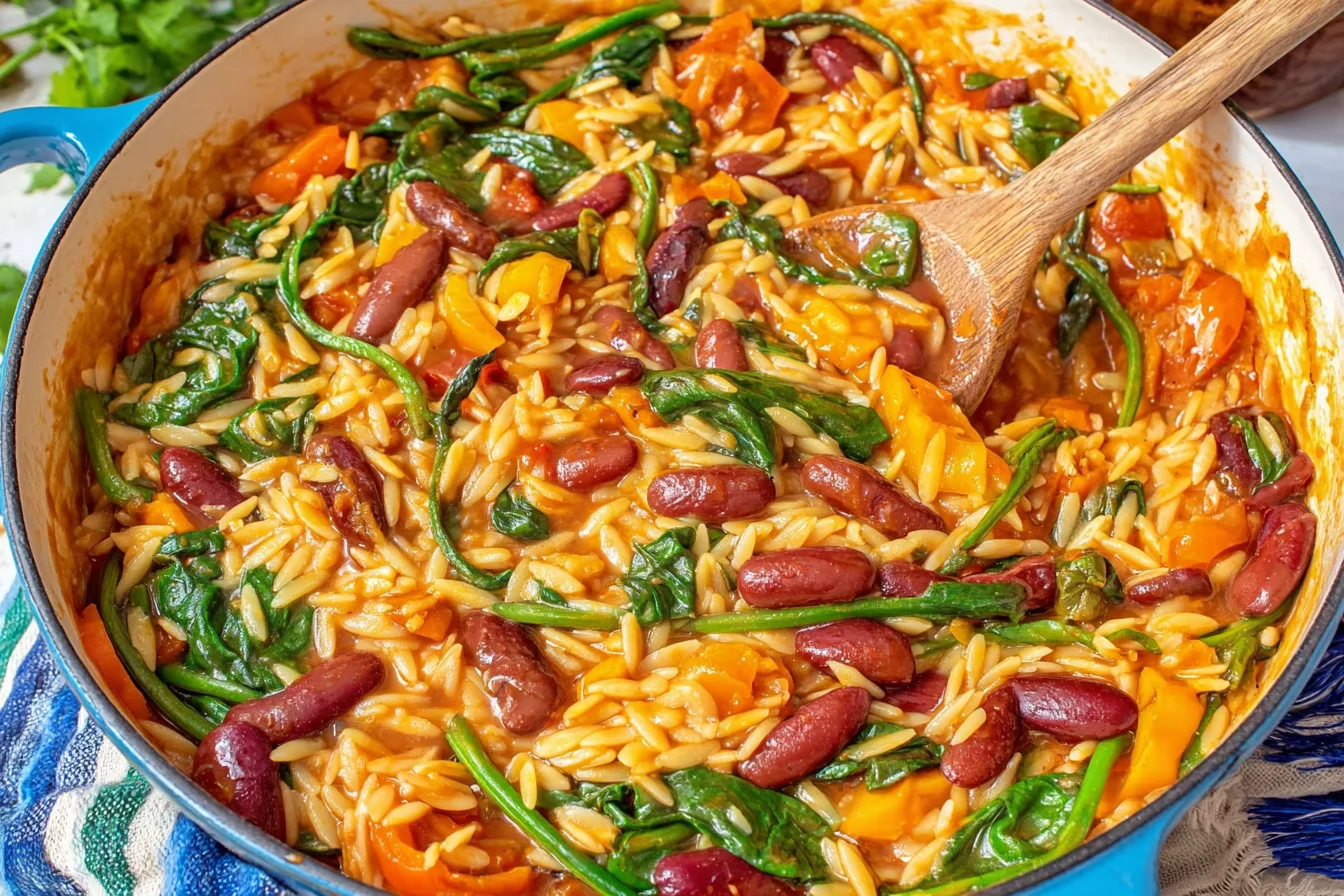 Creamy Mediterranean Orzo and Beans simmered in a tomato broth with kidney beans, spinach, and tender orzo in a one-pot skillet.