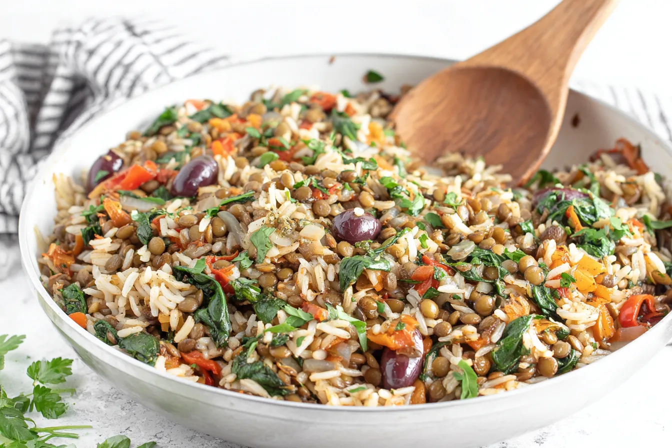 Mediterranean rice and lentils recipe in a large skillet with spinach, bell peppers, olives, and fluffy rice
