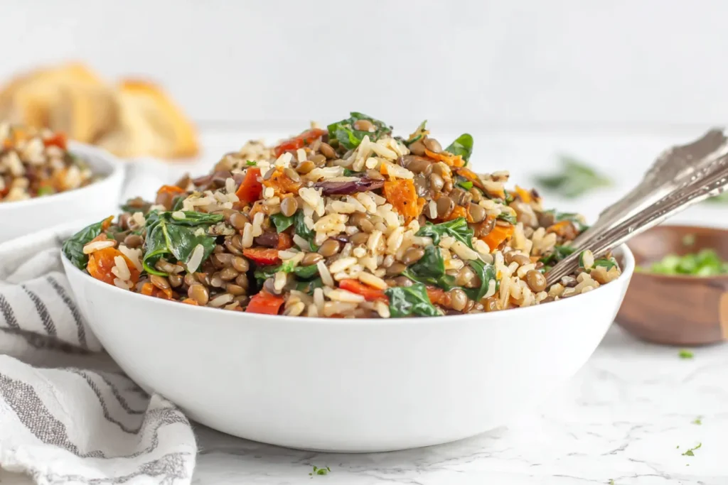 Mediterranean rice and lentils recipe served in a white bowl with fresh herbs and vegetables