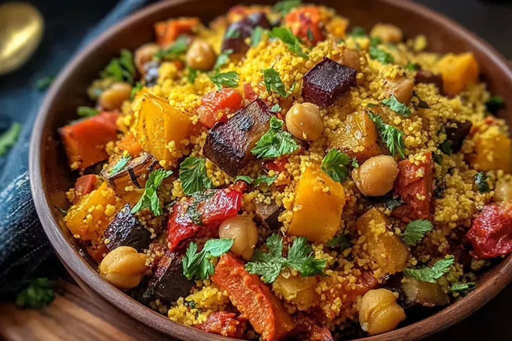 Moroccan Couscous with Roast Vegetables piled in a rustic bowl with chickpeas, roasted squash, peppers, eggplant, and fresh cilantro