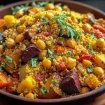 Moroccan Couscous with Roast Vegetables in a bowl, topped with chickpeas, roasted peppers, carrots, and fresh herbs