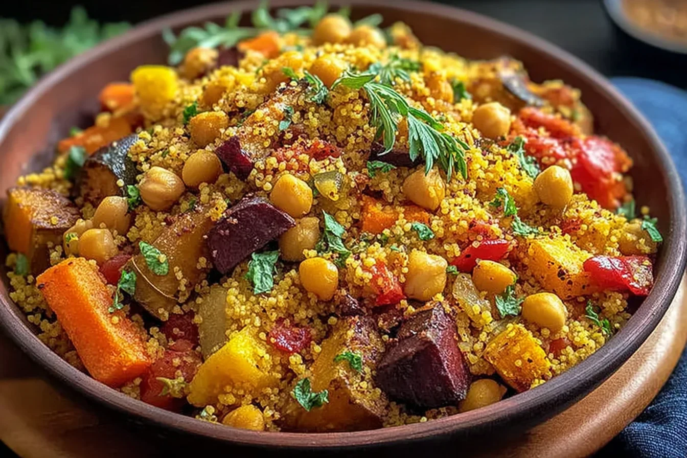 Moroccan Couscous with Roast Vegetables in a bowl, topped with chickpeas, roasted peppers, carrots, and fresh herbs