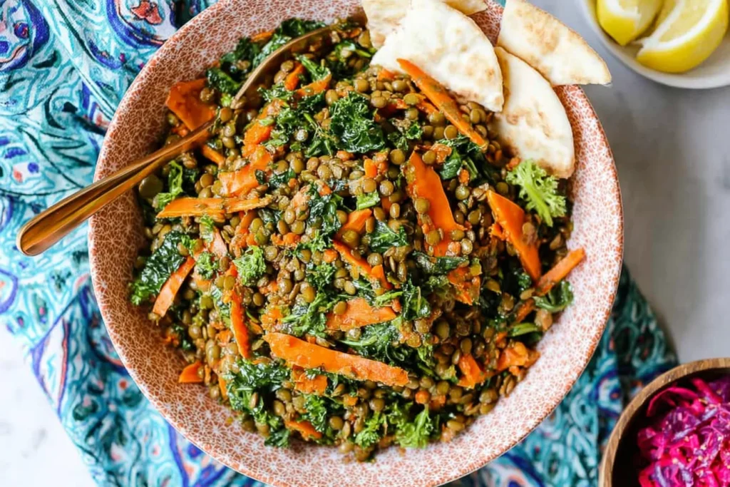 Moroccan Lentil Carrot Salad in a ceramic bowl with kale, sliced carrots, and pita wedges, served with lemon on the side.