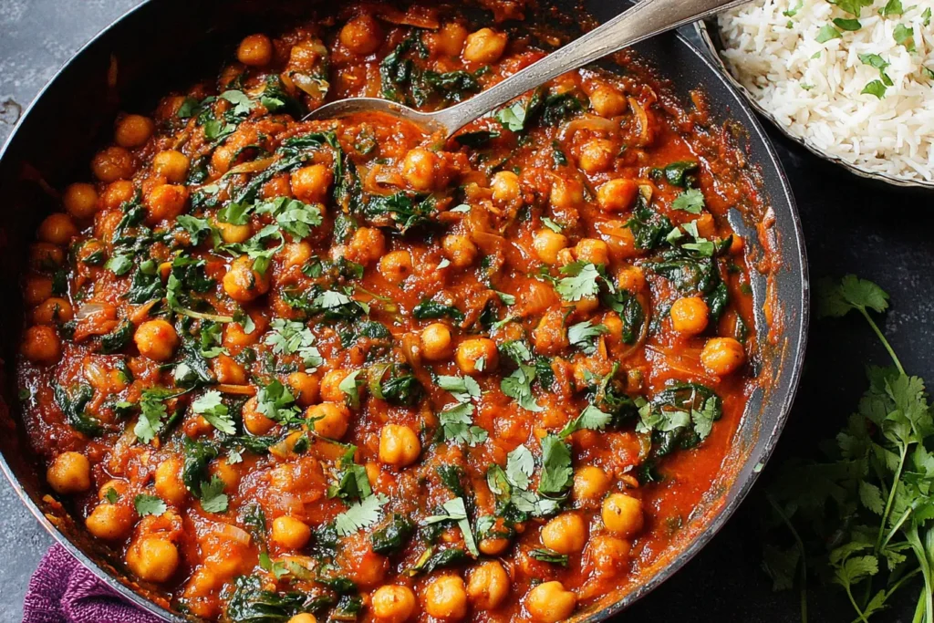 One-Pan Harissa Chickpeas Recipe served in a skillet with rice on the side