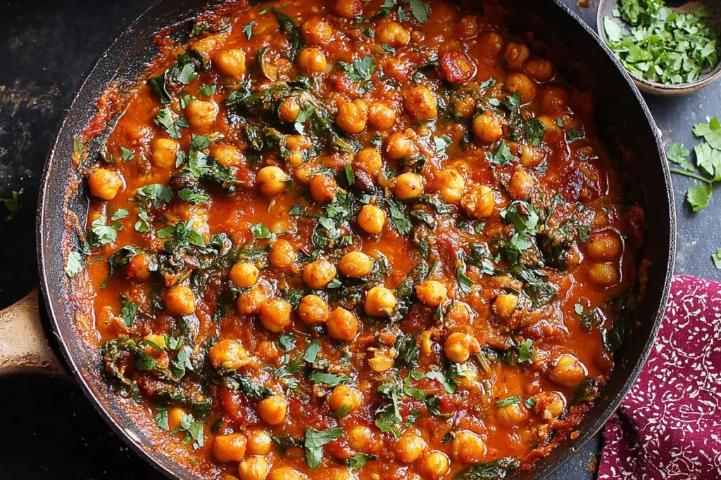 One-Pan Harissa Chickpeas Recipe simmering in a skillet with spinach and cilantro