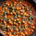 One-Pan Harissa Chickpeas Recipe simmering in a skillet with spinach and cilantro