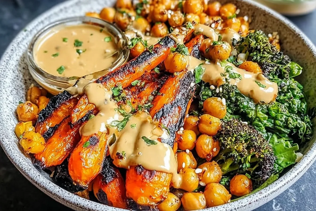 One-Pan Roasted Carrot and Chickpea Bowl with creamy tahini drizzle, crispy chickpeas, charred roasted carrots, and broccoli in a rustic bowl.