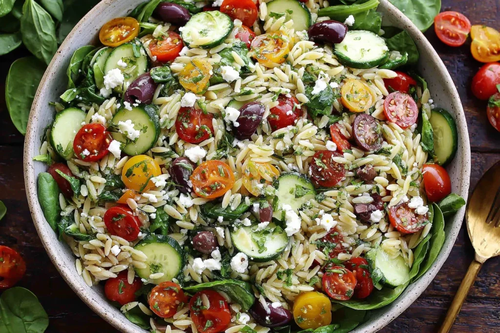 Fresh Mediterranean Orzo Salad with cherry tomatoes, cucumbers, olives, feta, and spinach