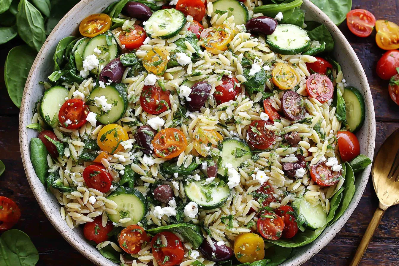 Fresh Mediterranean Orzo Salad with cherry tomatoes, cucumbers, olives, feta, and spinach