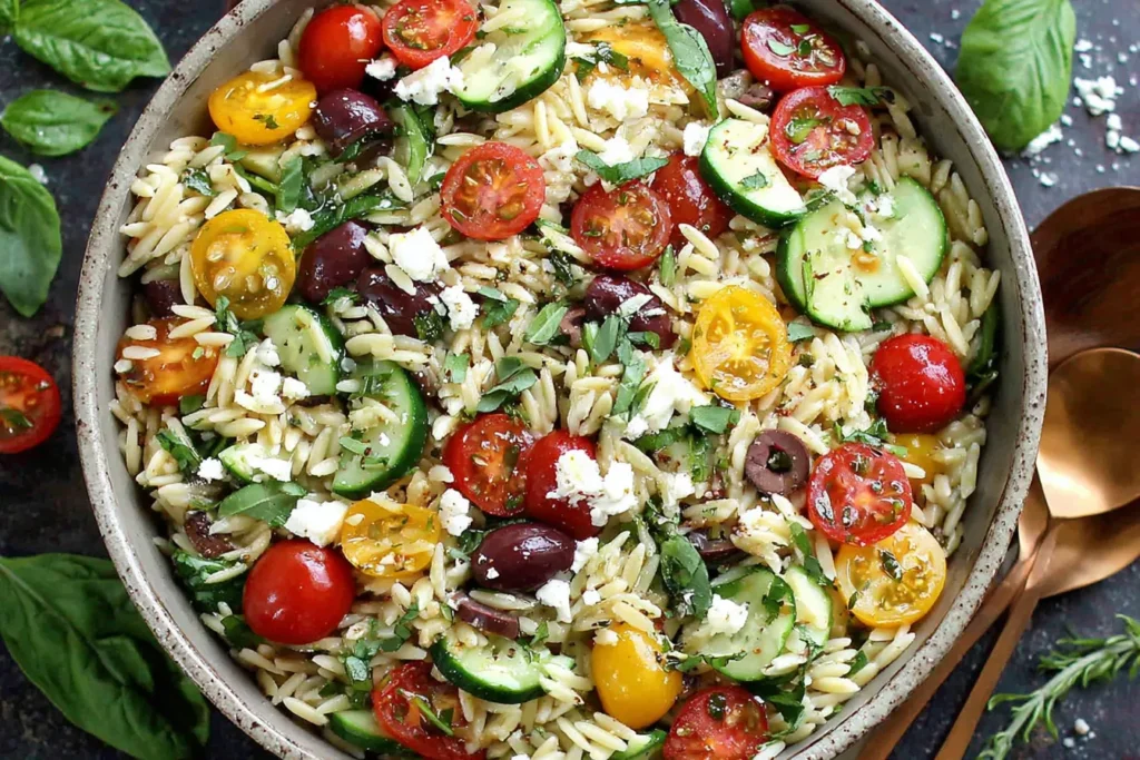 Homemade Orzo Salad with feta cheese, cherry tomatoes, cucumbers, and olives