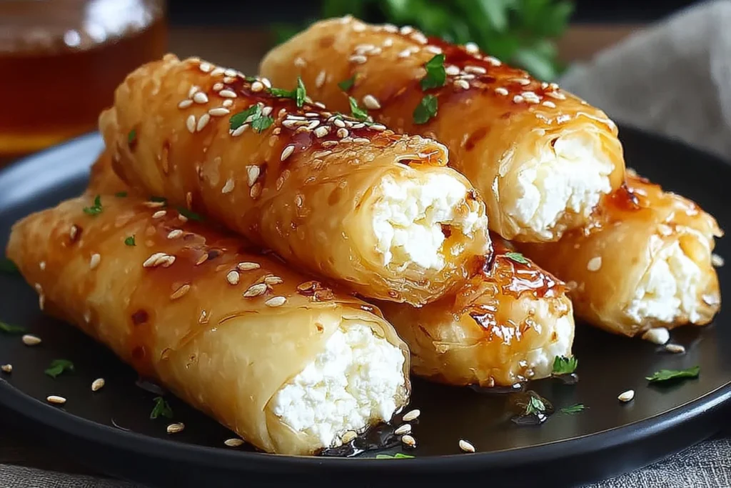 Oven-Fried Feta Rolls with Chili Honey stacked on a black plate—crispy golden phyllo rolls filled with creamy feta, drizzled with chili honey and sprinkled with sesame.
