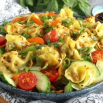 Potsticker Salad Recipe served with pan-fried dumplings, fresh cucumbers, cherry tomatoes, shredded carrots, and chili flakes.