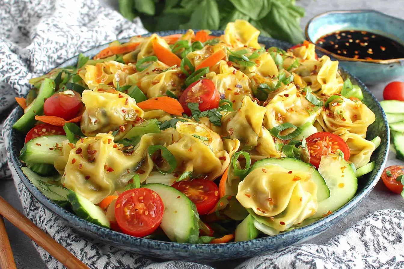 Potsticker Salad Recipe served with pan-fried dumplings, fresh cucumbers, cherry tomatoes, shredded carrots, and chili flakes.