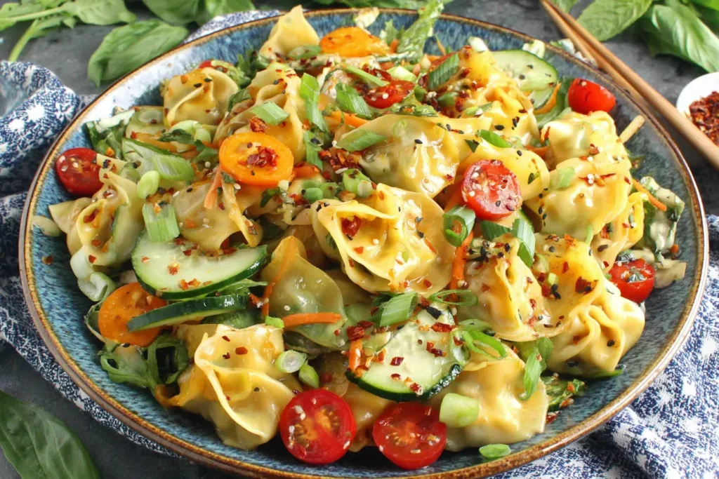 Potsticker Salad Recipe with steamed dumplings, cherry tomatoes, cucumber slices, scallions, and sesame seeds in a blue bowl.