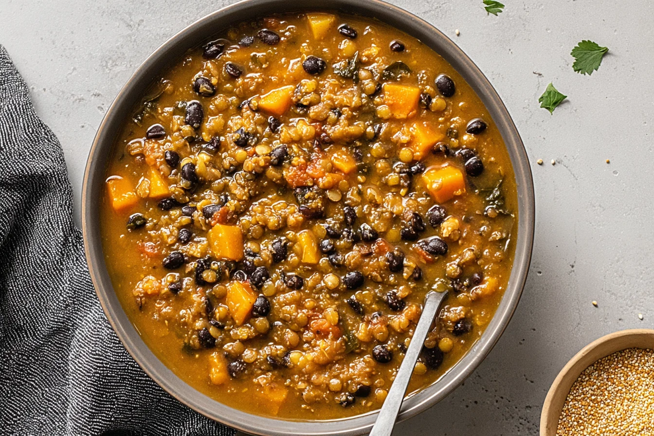 Overhead bowl of Protein Packed Black Bean and Lentil Soup with black beans, lentils, carrots, and tomato-spiced broth on a gray surface.