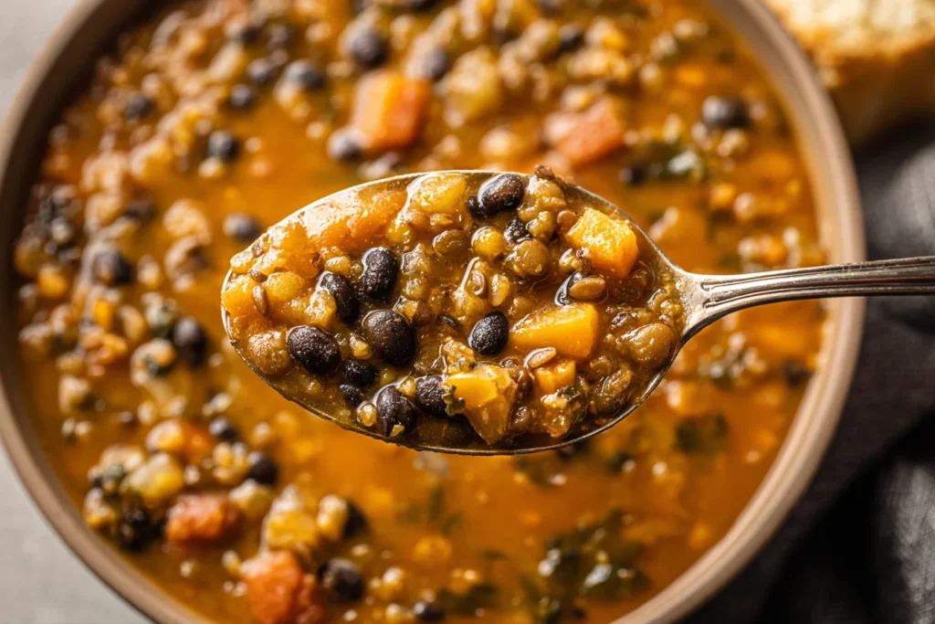 Spoonful of Protein Packed Black Bean and Lentil Soup with tender lentils, black beans, carrots, and a rich, cozy broth.