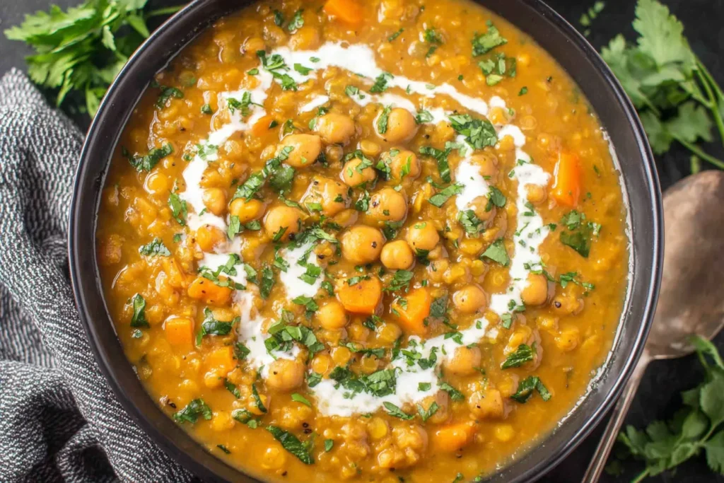 Pumpkin Curry Recipe topped with coconut milk and fresh herbs in a black bowl