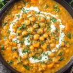 Pumpkin Curry Recipe topped with coconut milk and fresh herbs in a black bowl