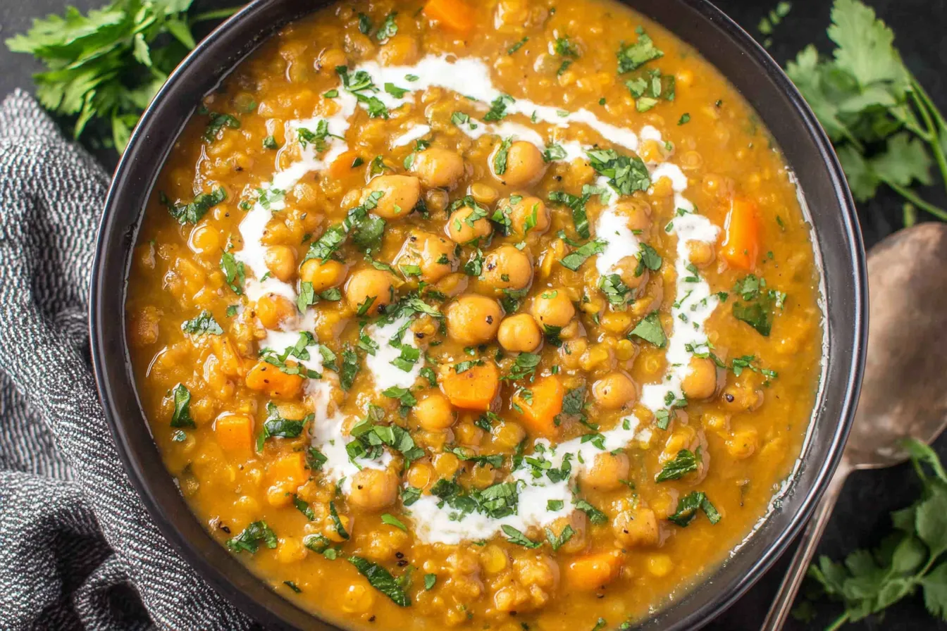Pumpkin Curry Recipe topped with coconut milk and fresh herbs in a black bowl