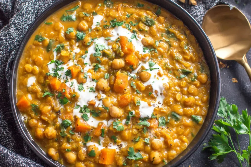 Pumpkin Curry Recipe made with lentils, chickpeas, and coconut milk in a hearty bowl
