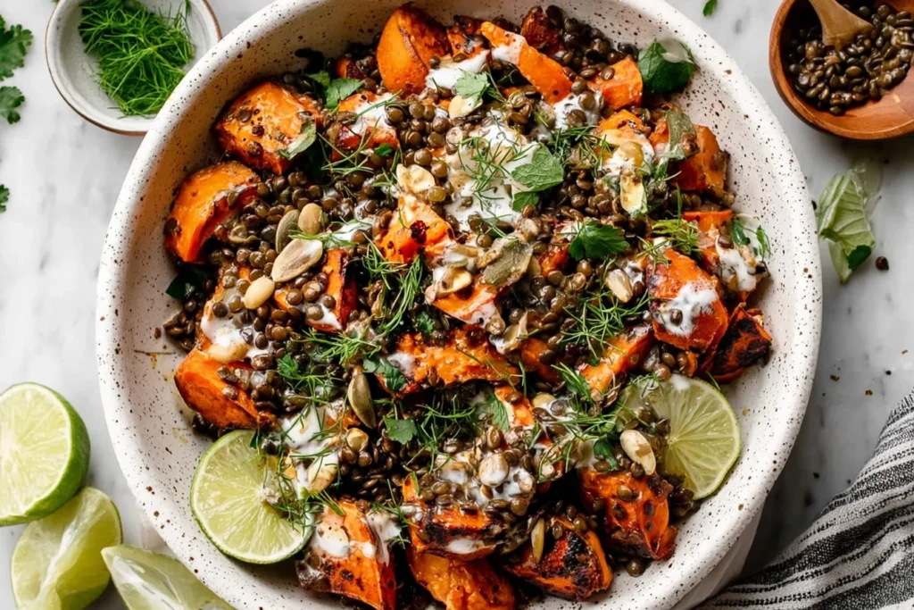 Roasted Sweet Potato Salad with Lentils topped with roasted garlic tahini dressing, fresh herbs, crunchy seeds, and lime wedges in a rustic bowl.
