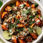 Roasted Sweet Potato Salad with Lentils topped with roasted garlic tahini dressing, fresh herbs, crunchy seeds, and lime wedges in a rustic bowl.