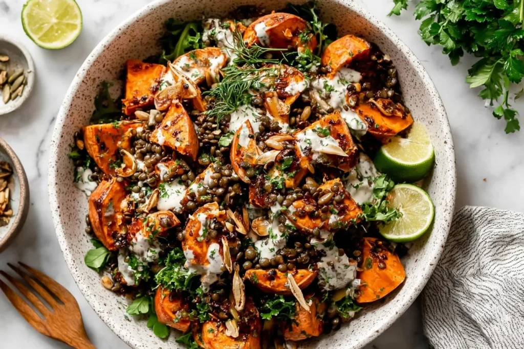Roasted Sweet Potato Salad with Lentils in a bowl with roasted garlic tahini dressing, fresh herbs, crunchy seeds, and lime wedges