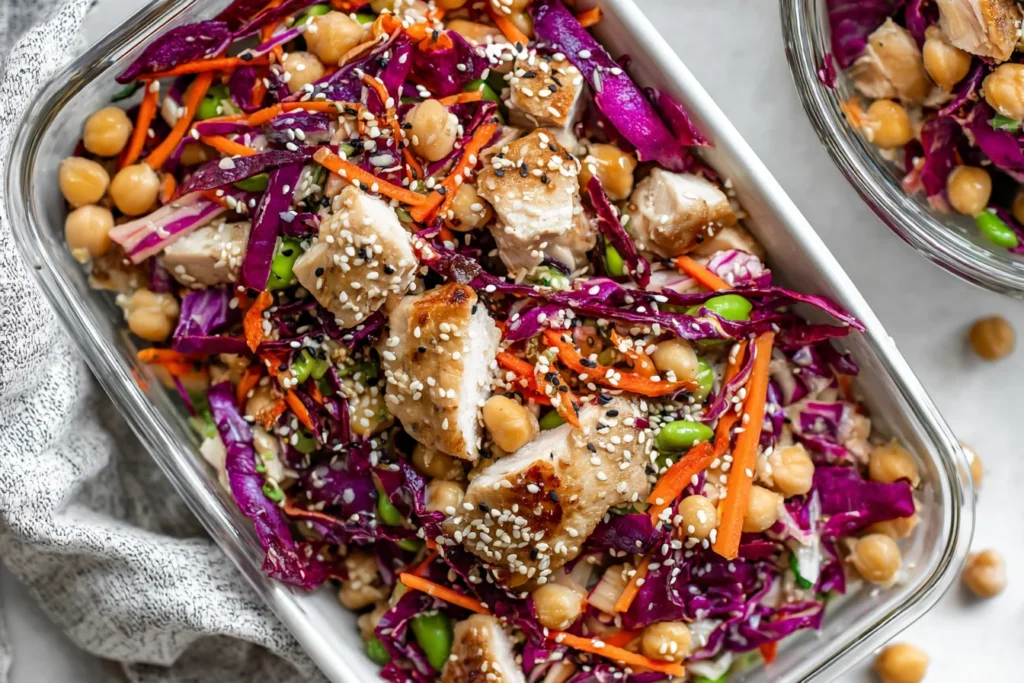 Sesame Chicken and Chickpea Salad meal prep in a glass container with diced chicken, chickpeas, red cabbage, carrots, edamame, and sesame seeds.