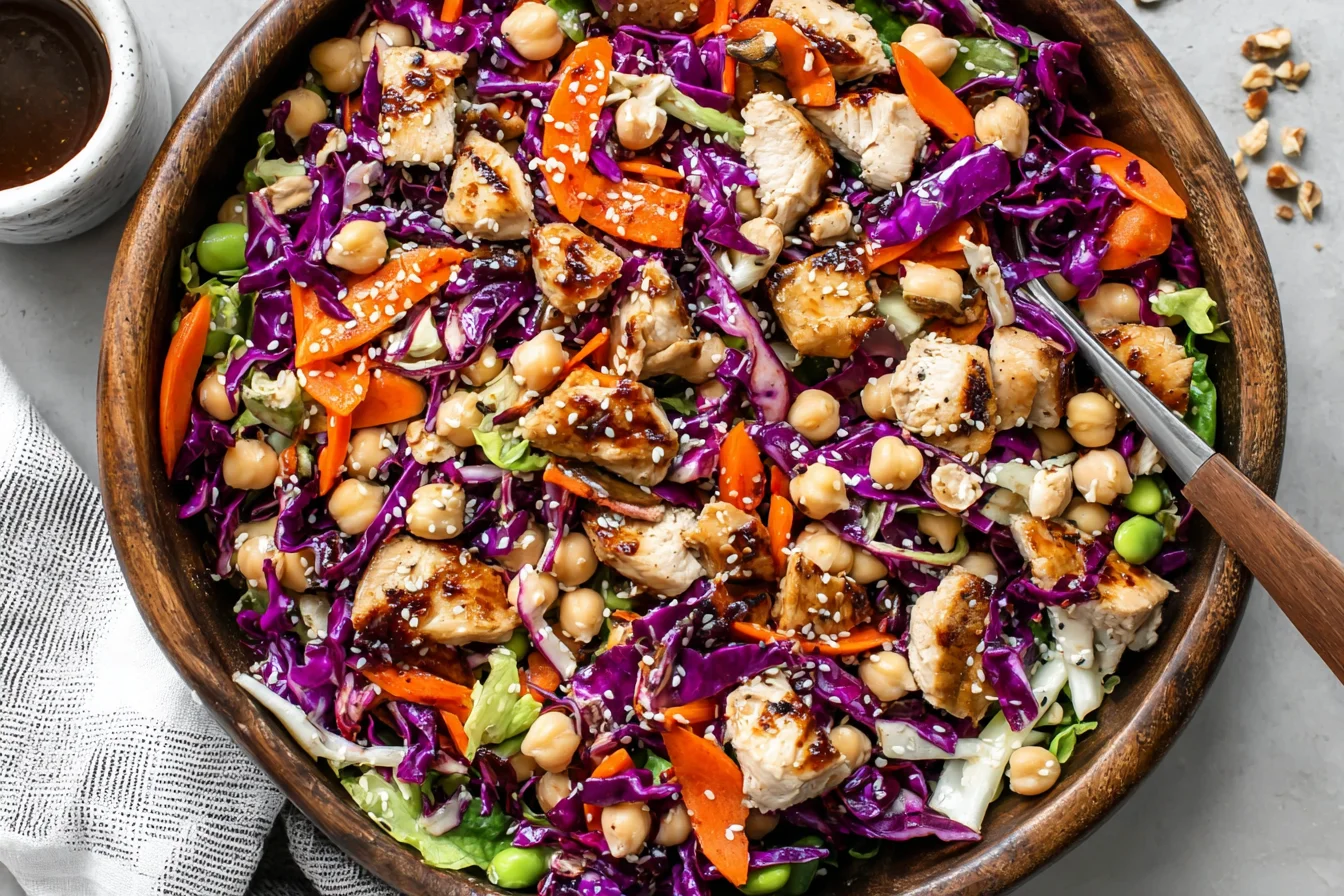 Sesame Chicken and Chickpea Salad in a wooden bowl with shredded red cabbage, carrots, chickpeas, sesame seeds, and sliced chicken with sesame dressing.