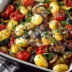Roasted Vegetables with Gnocchi in a baking dish with blistered cherry tomatoes, zucchini, eggplant, mushrooms, herbs, and grated Parmesan.