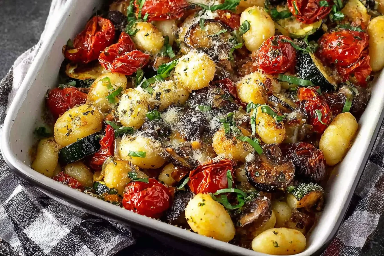 Roasted Vegetables with Gnocchi in a baking dish with blistered cherry tomatoes, zucchini, eggplant, mushrooms, herbs, and grated Parmesan.