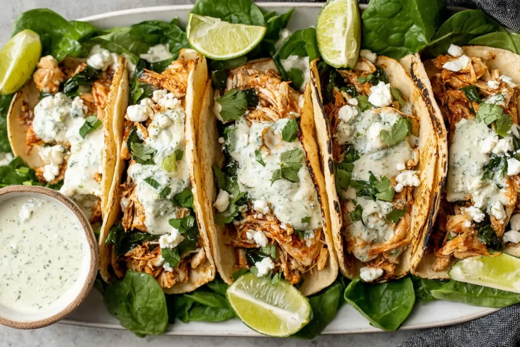 Shredded Chicken Tacos served with lime wedges, fresh greens, feta cheese, and creamy chimichurri sauce