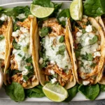 Shredded Chicken Tacos served with lime wedges, fresh greens, feta cheese, and creamy chimichurri sauce