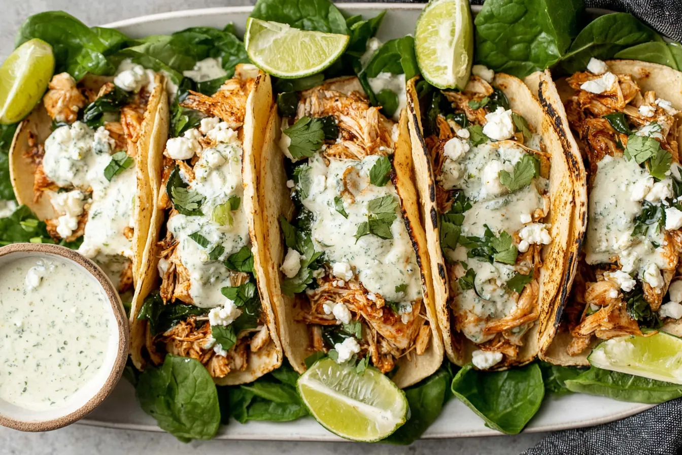 Shredded Chicken Tacos served with lime wedges, fresh greens, feta cheese, and creamy chimichurri sauce
