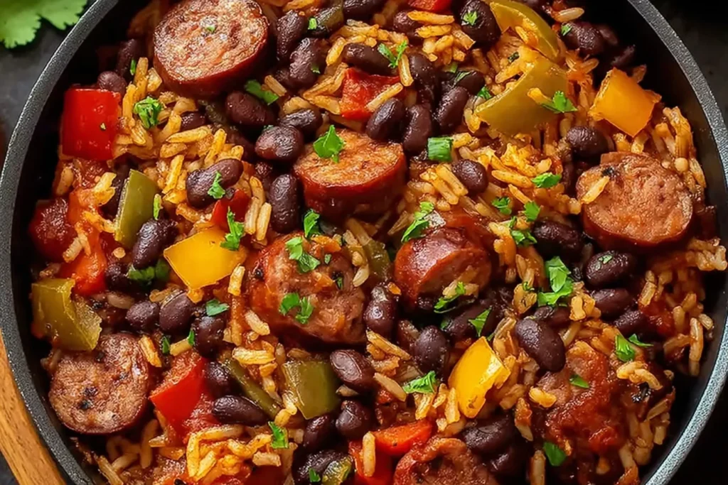 Black Beans and Rice with Sausage in a skillet with sliced sausage, black beans, long-grain rice, bell peppers, and cilantro garnish.