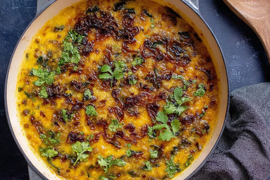 Caramelized Onion Dal in a skillet, topped with jammy caramelized onions, fresh cilantro, and a golden lentil base with tadka.