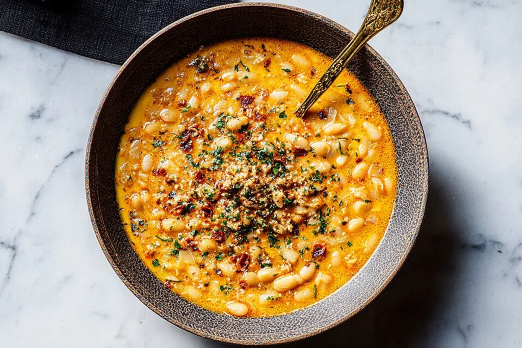 Overhead bowl of Smoky Brothy Beans—creamy white beans in a smoky golden broth topped with paprika flakes, herbs, and crunchy garnish.