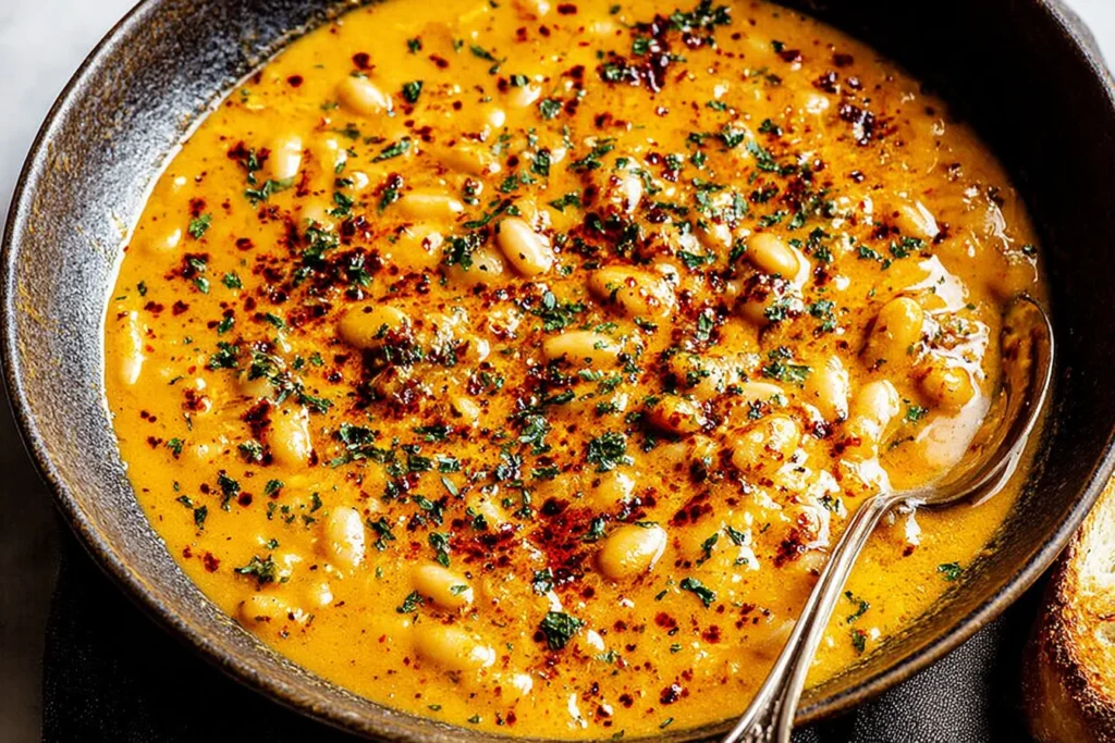 Smoky Brothy Beans in a rustic bowl—creamy white beans in a smoky golden broth topped with paprika, herbs, and a spoon.