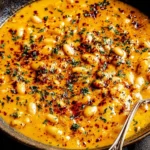 Smoky Brothy Beans in a rustic bowl—creamy white beans in a smoky golden broth topped with paprika, herbs, and a spoon.