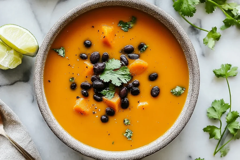 Sweet Potato & Black Bean Soup in a rustic bowl, creamy orange base topped with black beans, cilantro, and lime on a marble surface.