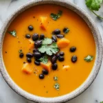 Sweet Potato & Black Bean Soup in a rustic bowl, creamy orange base topped with black beans, cilantro, and lime on a marble surface.