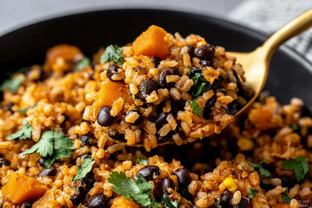 Southwest Black Bean Skillet Recipe with rice, sweet potatoes, black beans, and cilantro in a skillet, served on a spoon.