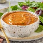Creamy Sun Dried Tomato Vinaigrette served in a bowl with mixed greens and basil