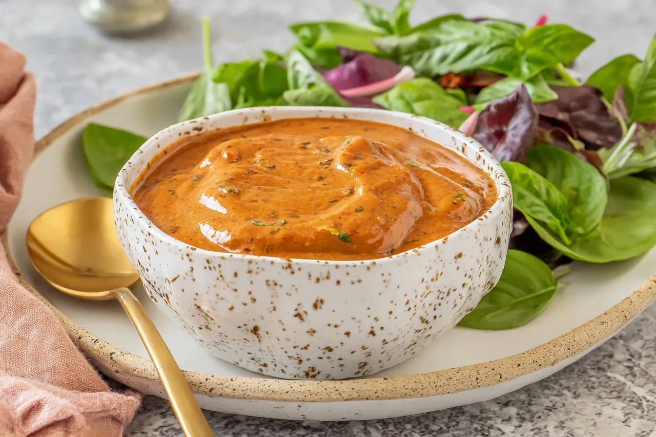 Creamy Sun Dried Tomato Vinaigrette served in a bowl with mixed greens and basil