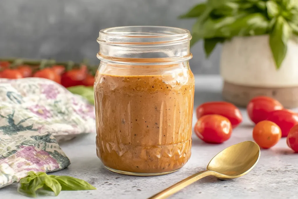 Sun Dried Tomato Vinaigrette in a mason jar with fresh basil and cherry tomatoes on the side