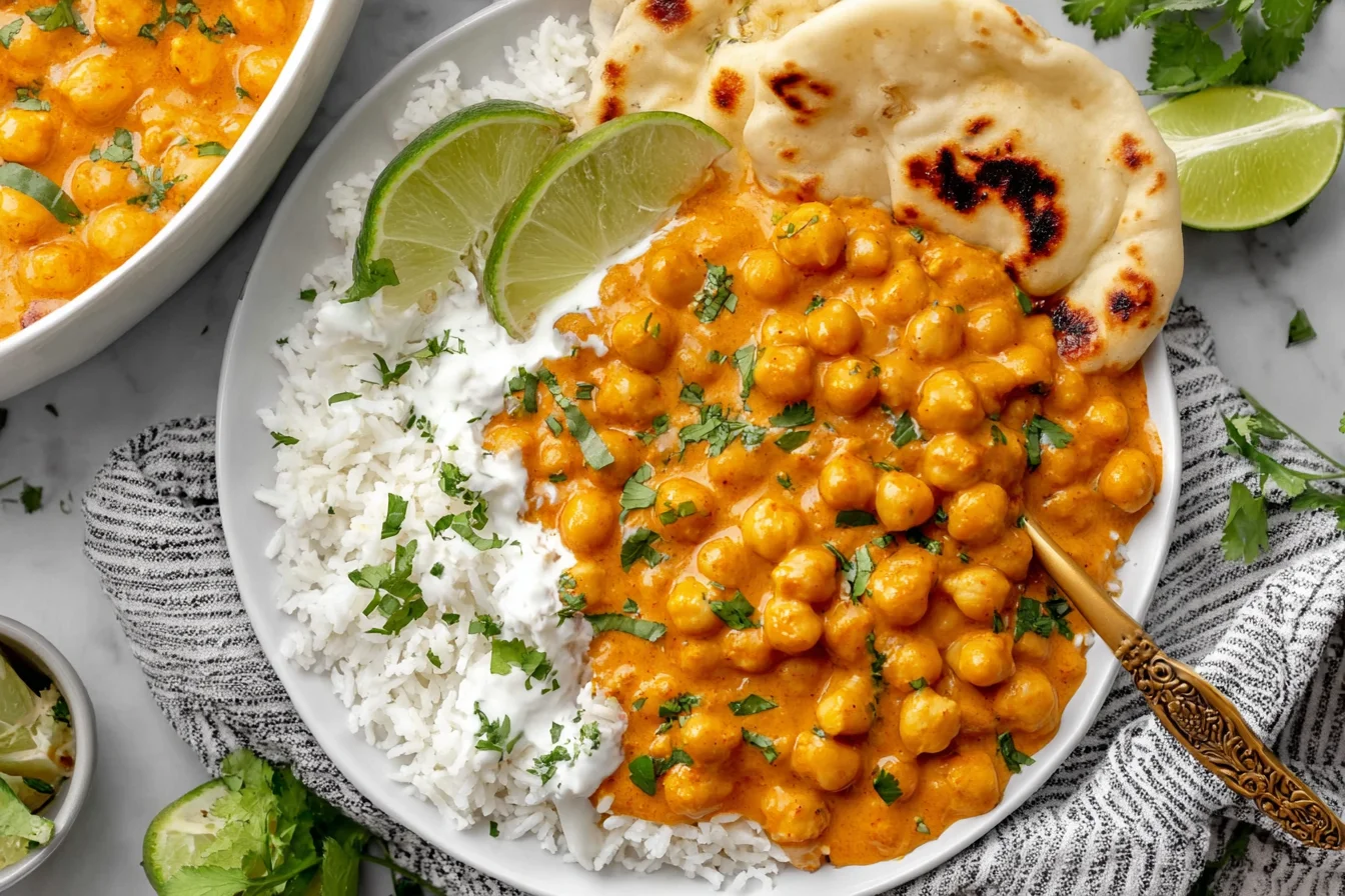 Vegan Butter Chickpeas in a creamy spiced tomato-cashew sauce served over basmati rice with naan, cilantro, and lime wedges.