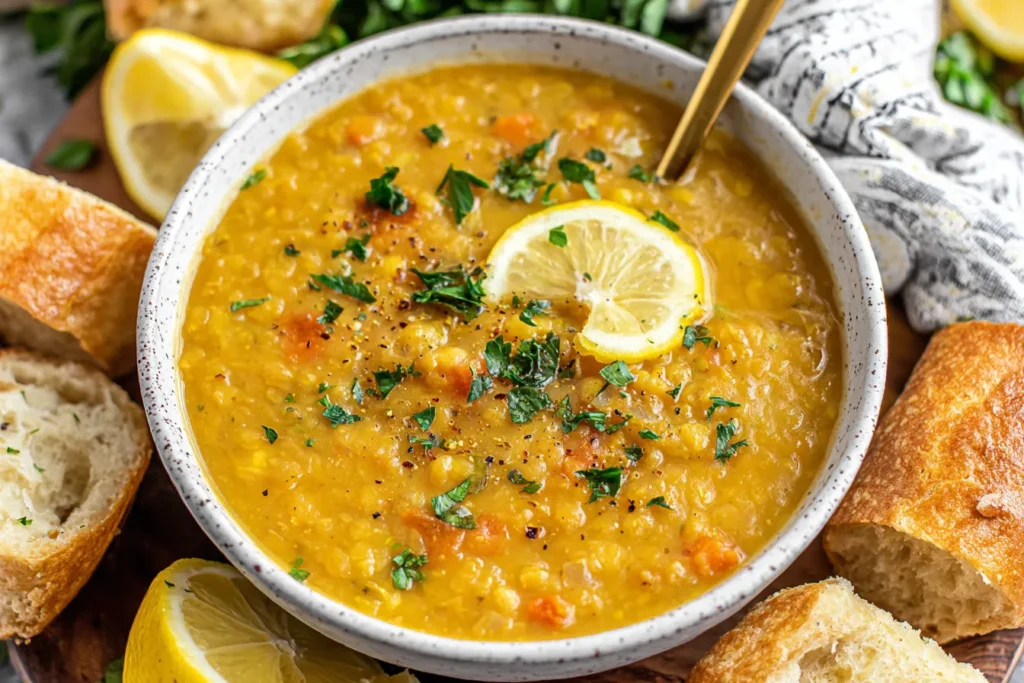 Vegan Lemon Lentil Soup garnished with parsley and lemon slices in a ceramic bowl