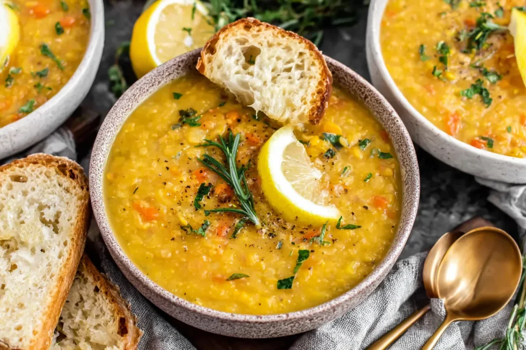 Vegan Lemon Lentil Soup with crusty bread and lemon garnish on the side