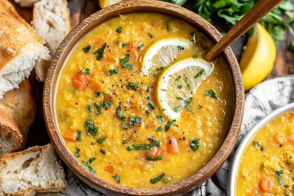 Vegan Lemon Lentil Soup served in a wooden bowl with fresh herbs and lemon slices